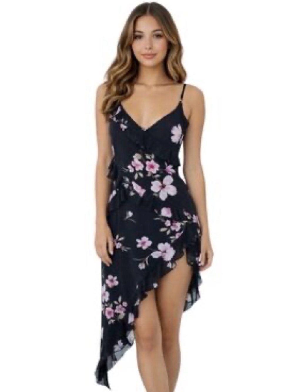 Streetwear Society Black Floral Asymmetrical Ruffle Dress